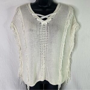 pq LA Open Knit Fringe Trim Lace Up Poncho Sweater Ivory M
